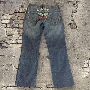 Y2K low rise colorful butterfly embroidered butt Cropped Blue denim Jeans Sz 27